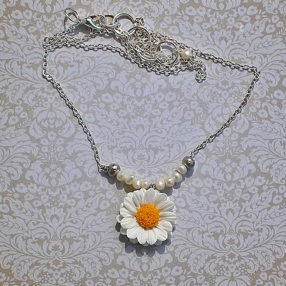 Pearl Dew: Daisy Necklace Polymer Clay.