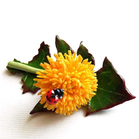 Summer Tandem: Dandelion & Ladybug Brooch Polymer Clay.