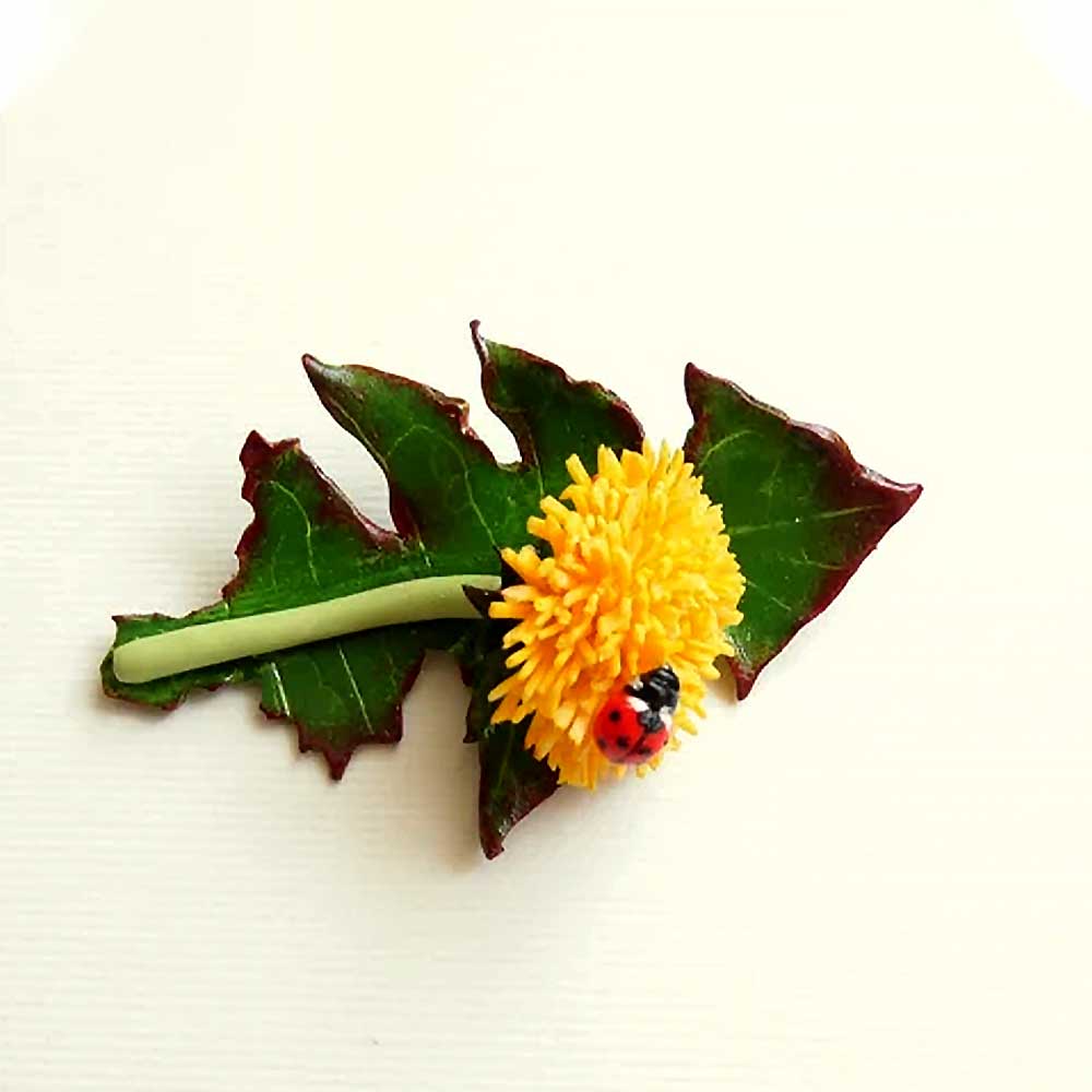 Summer Tandem: Dandelion & Ladybug Brooch Polymer Clay.