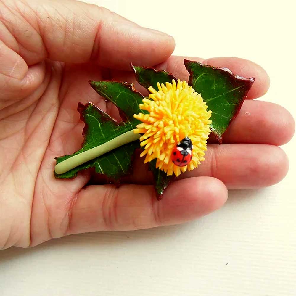 Summer Tandem: Dandelion & Ladybug Brooch Polymer Clay.