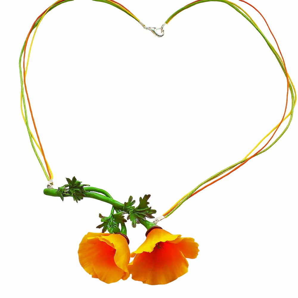 Fire Flower: California Poppies Necklace Polymer Clay.