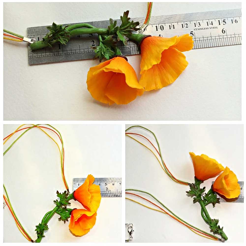 Fire Flower: California Poppies Necklace Polymer Clay.