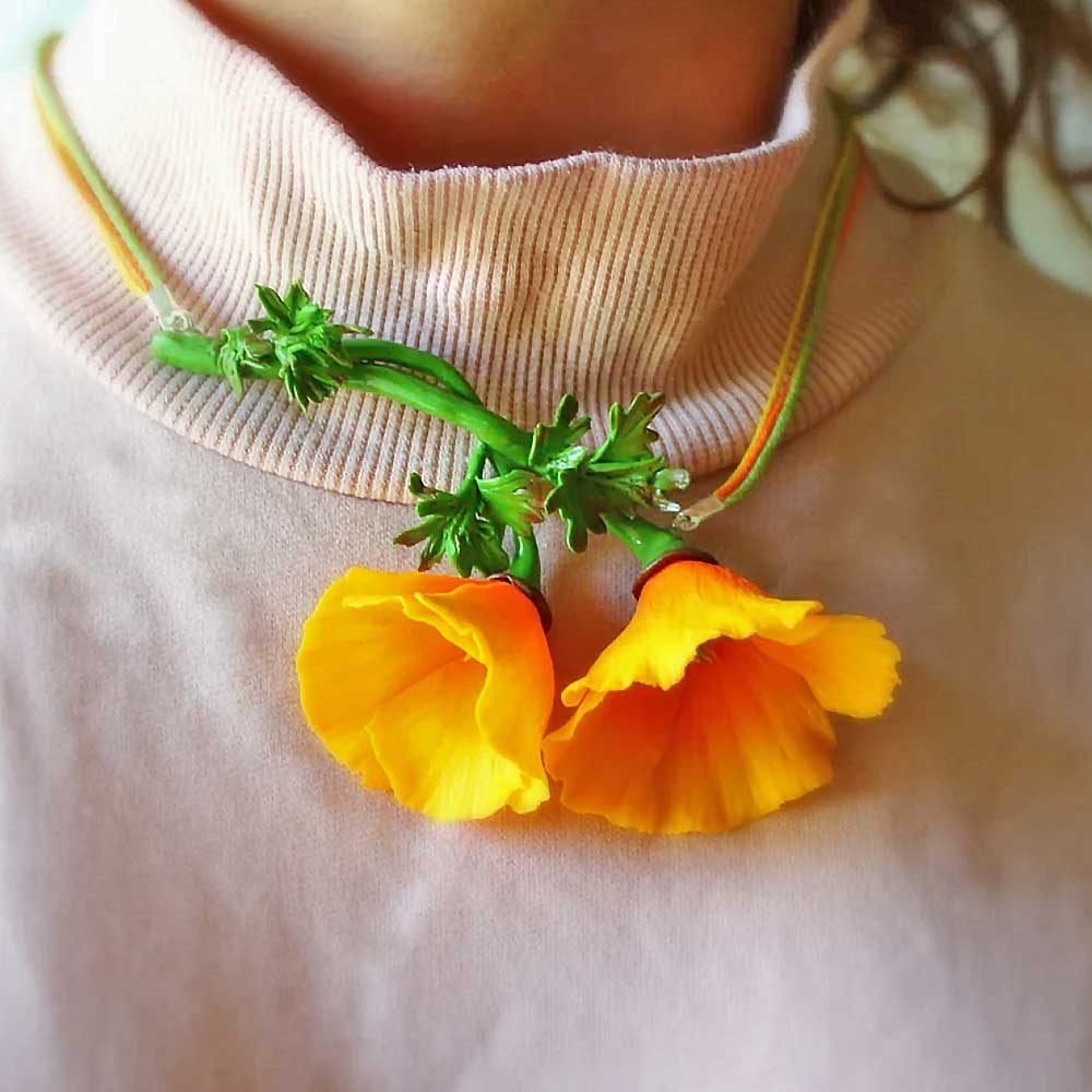 Fire Flower: California Poppies Necklace Polymer Clay.