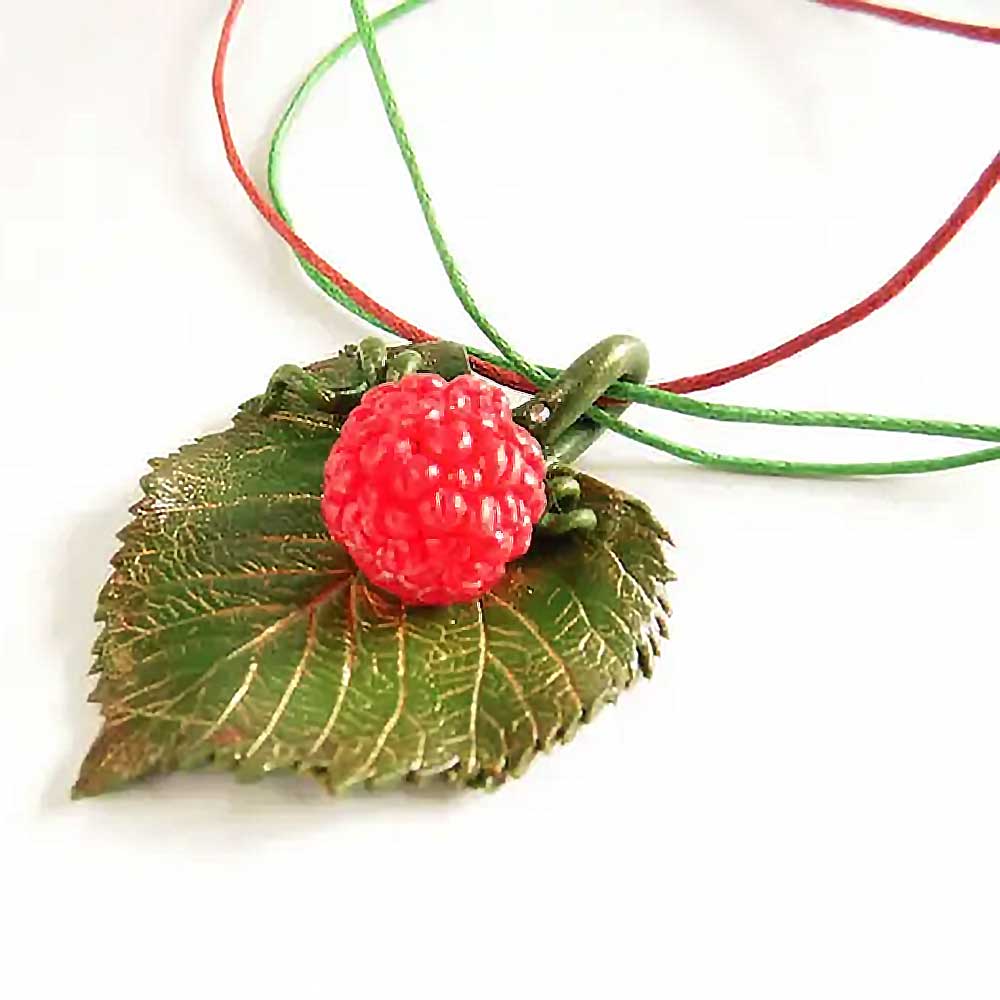 Sweet Fantasy: Raspberry Leaf Pendant Polymer Clay.