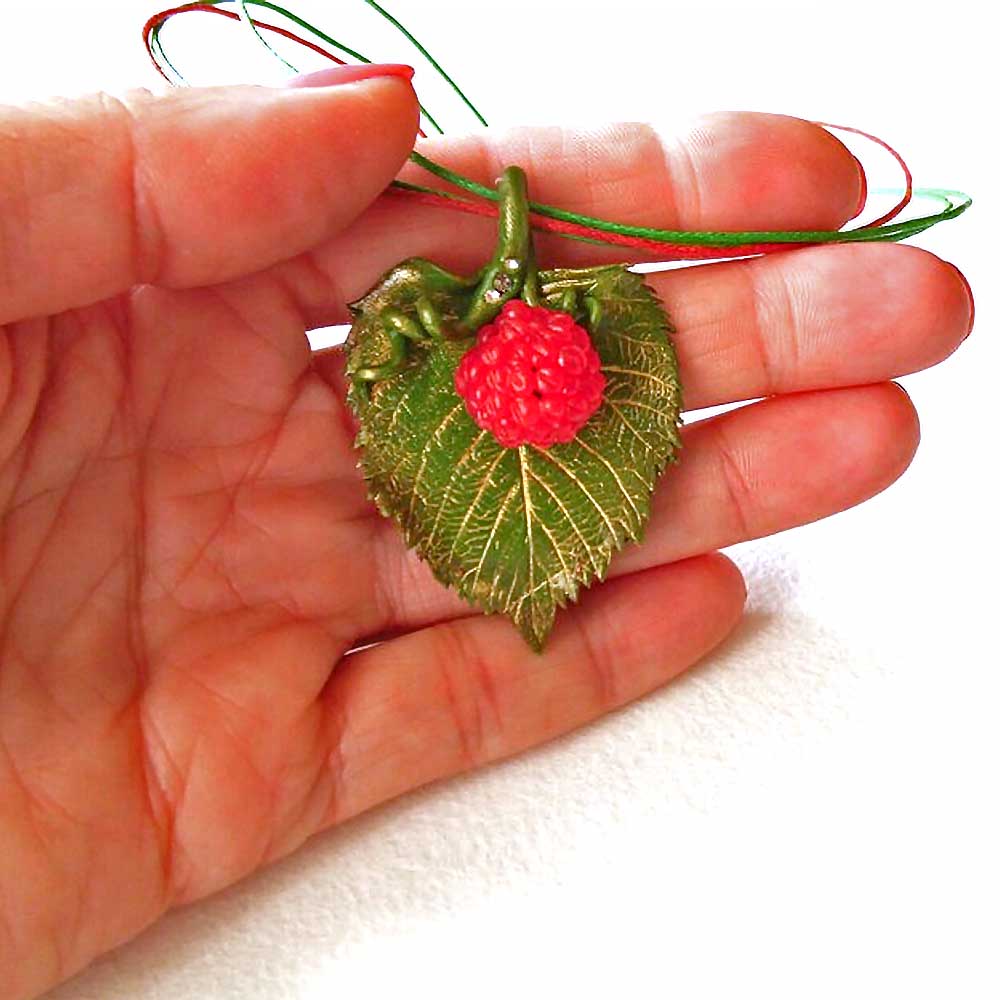 Sweet Fantasy: Raspberry Leaf Pendant Polymer Clay.