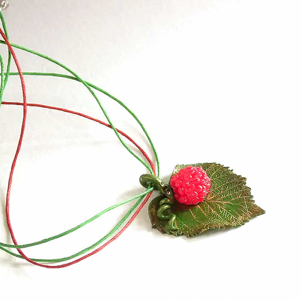 Sweet Fantasy: Raspberry Leaf Pendant Polymer Clay.