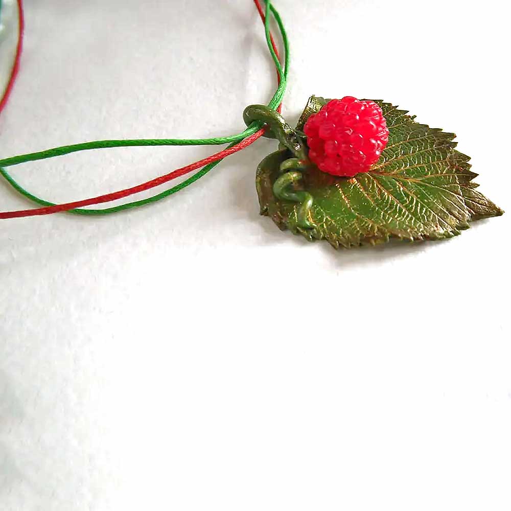 Sweet Fantasy: Raspberry Leaf Pendant Polymer Clay.