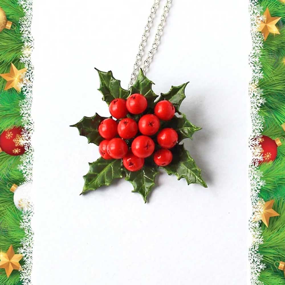 Winter's Embrace: Holly Berry Brooch & Pendant Polymer Clay.