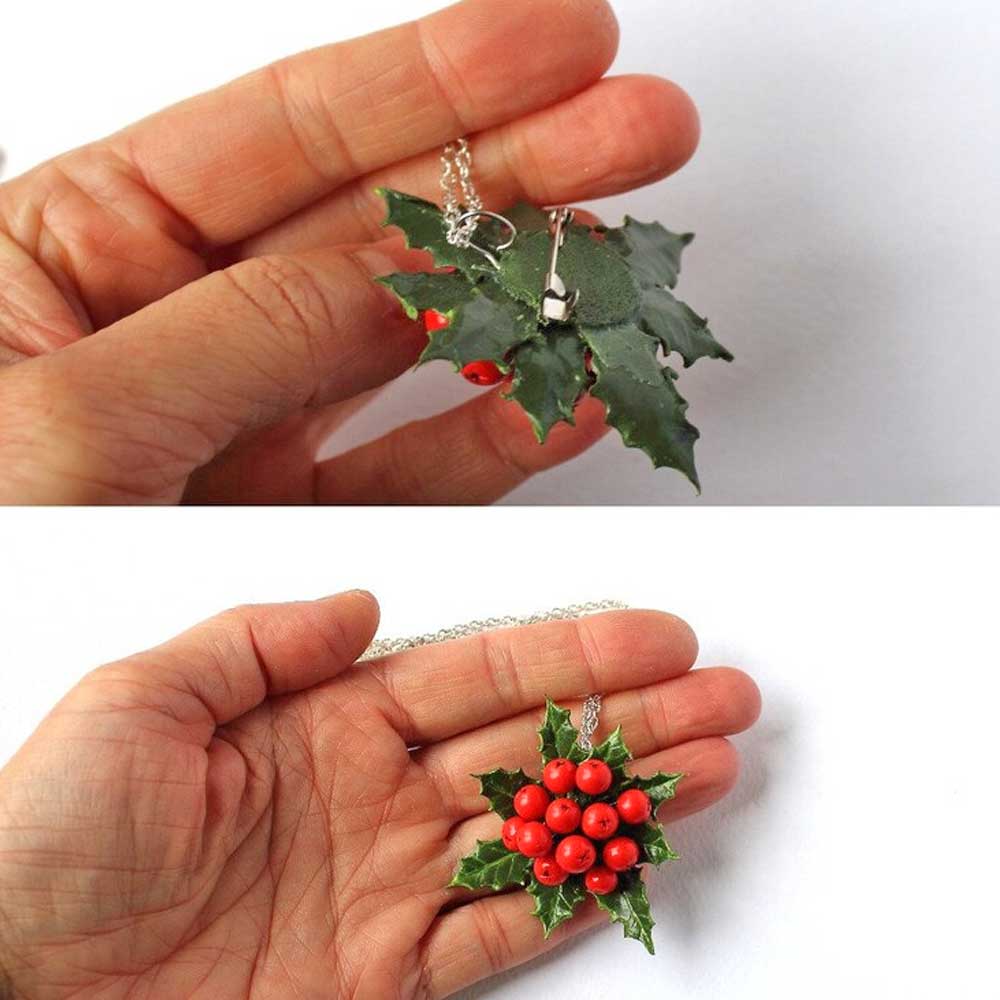 Winter's Embrace: Holly Berry Brooch & Pendant Polymer Clay.