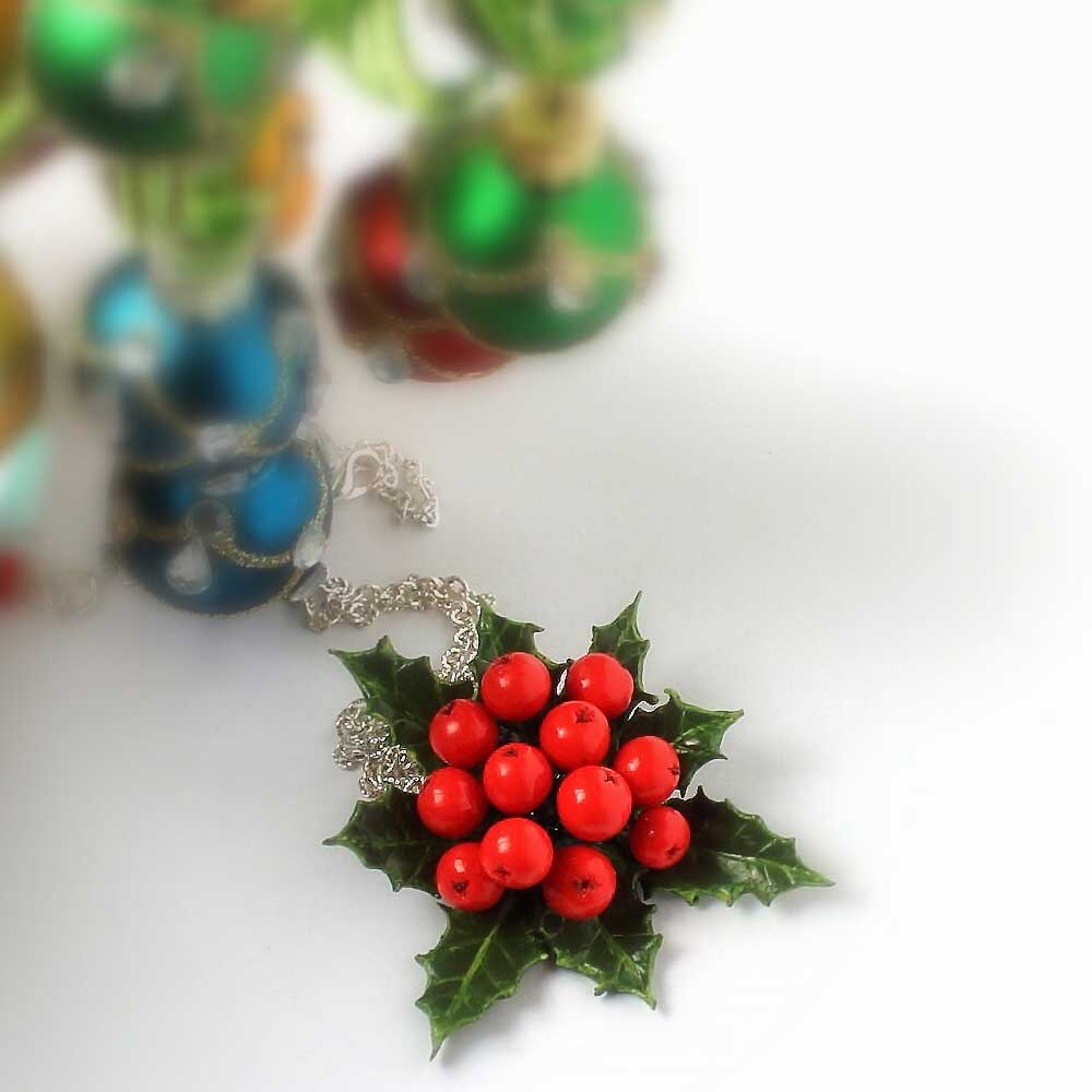 Winter's Embrace: Holly Berry Brooch & Pendant Polymer Clay.