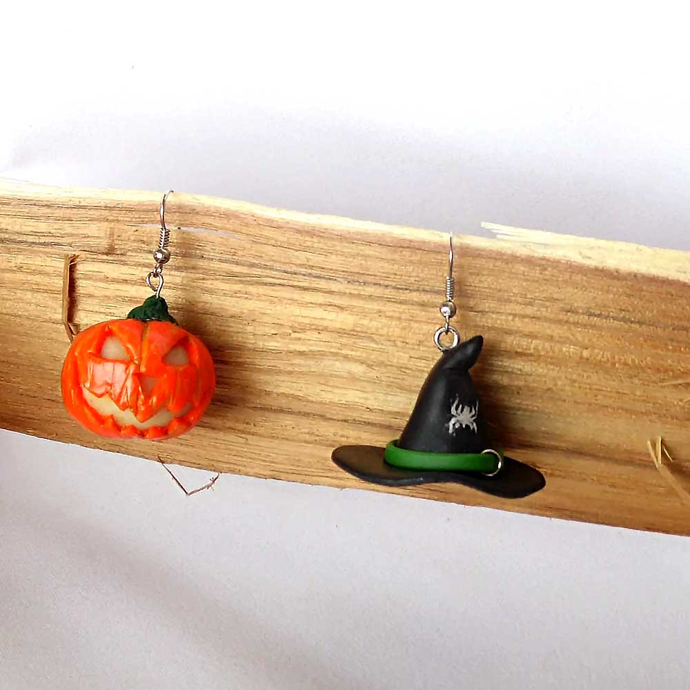 Halloween Polymer Clay Earrings: Pumpkin & Witch Hat Duo.