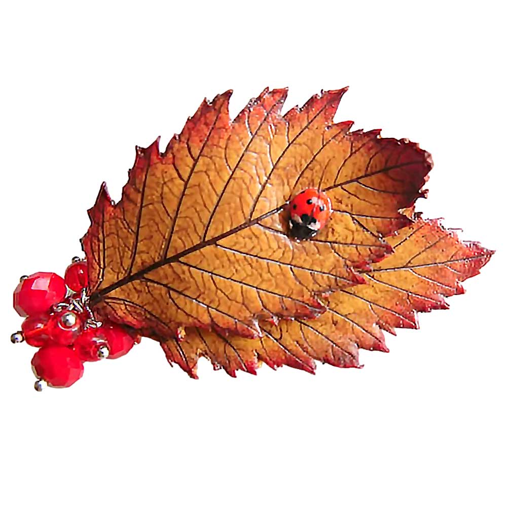 Autumn Duo: Leaf & Ladybug Brooch Polymer Clay.