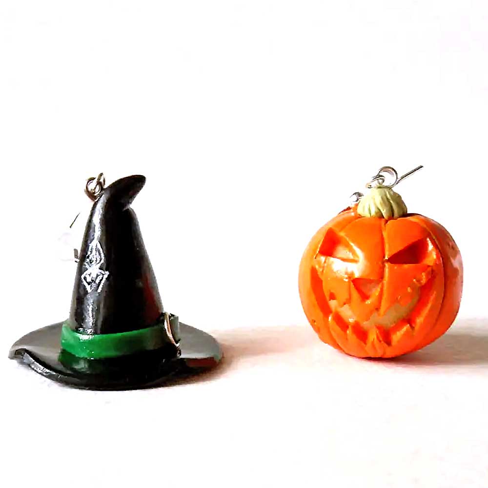 Halloween Polymer Clay Earrings: Pumpkin & Witch Hat Duo.