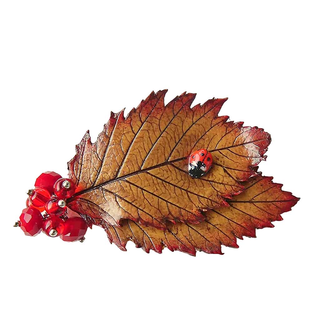 Autumn Duo: Leaf & Ladybug Brooch Polymer Clay.