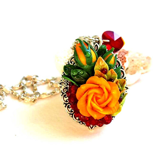 Yellow Enchantress: Rose Pendant  Polymer Clay.