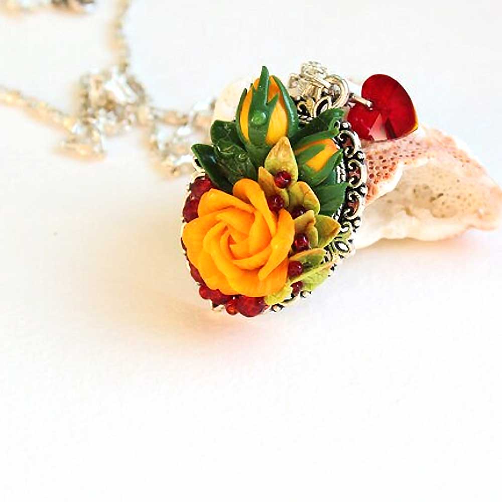 Yellow Enchantress: Rose Pendant  Polymer Clay.