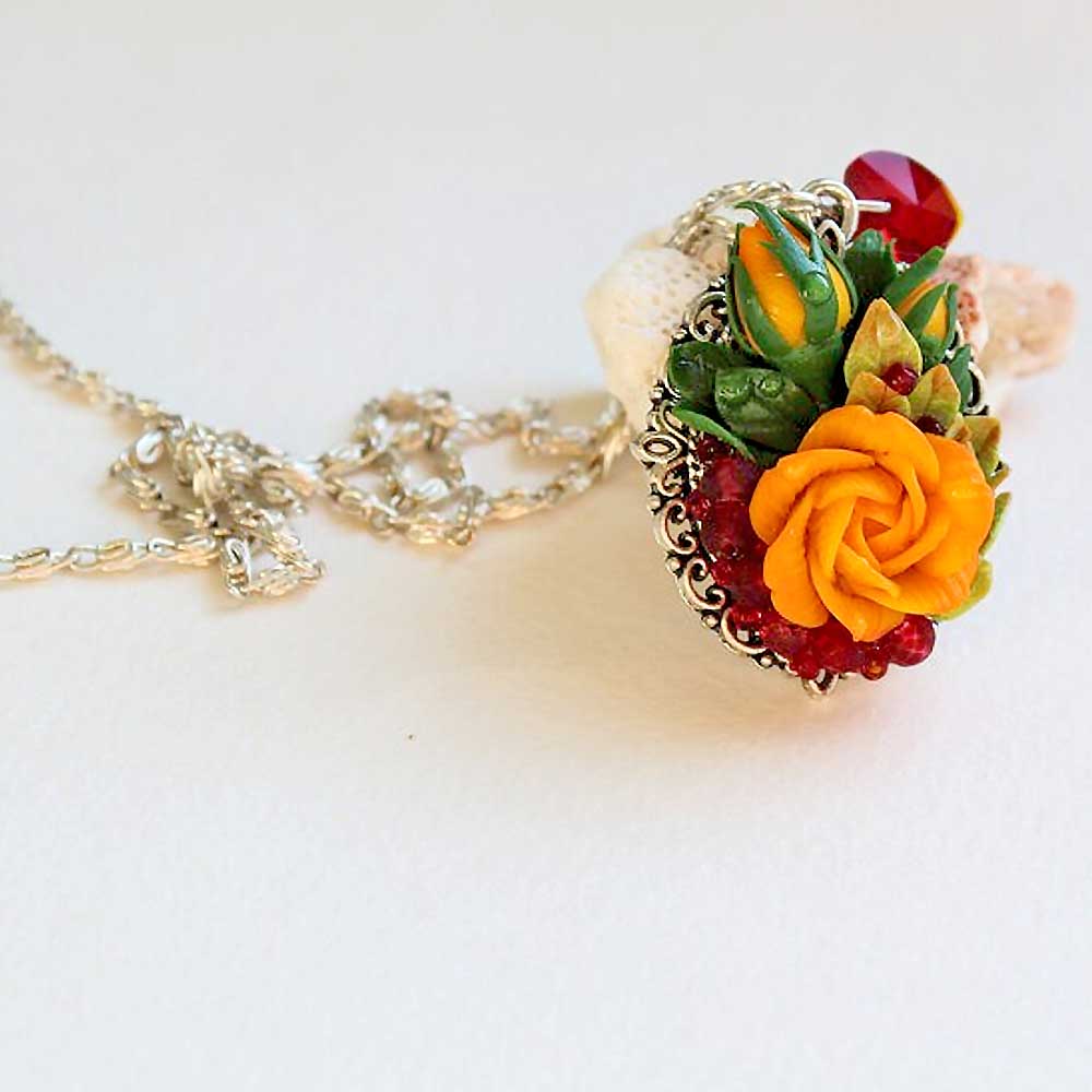 Yellow Enchantress: Rose Pendant  Polymer Clay.