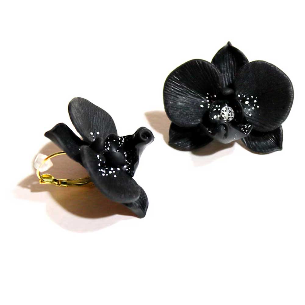 Mysterious Elegance: Black Orchid Earrings Polymer Clay.