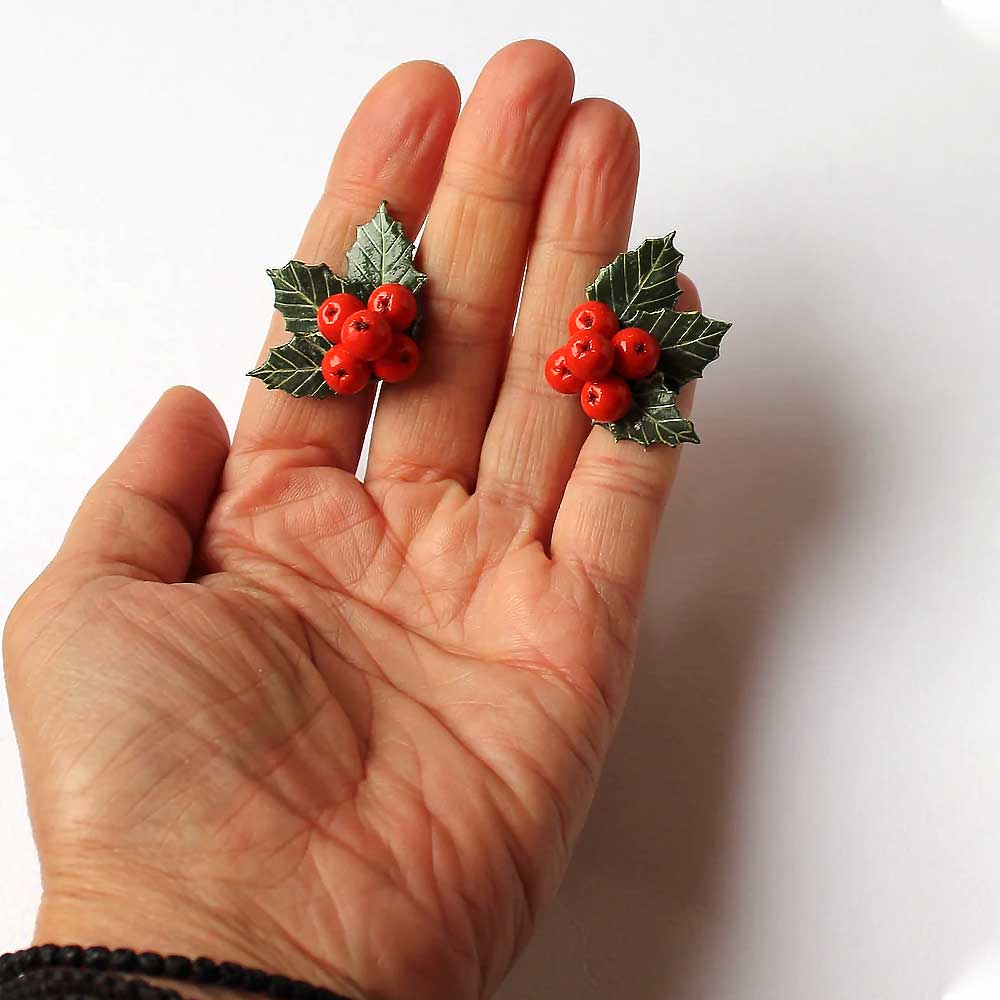 Winter's Сharm: Holly Berry Earring Polymer Clay.