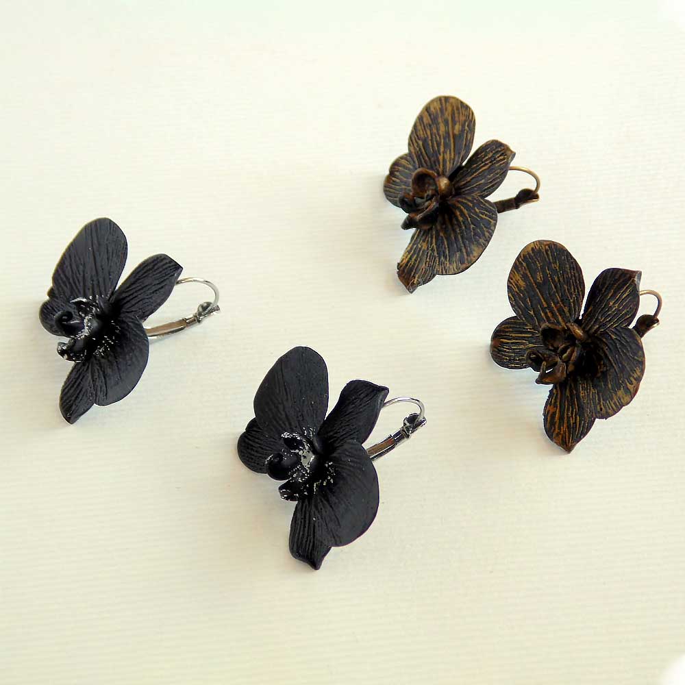 Mysterious Elegance: Black Orchid Earrings Polymer Clay.