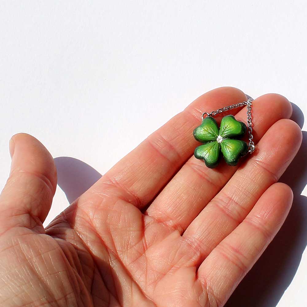 Defender of Happiness: Clover Shamrock Necklace  Polymer Clay.