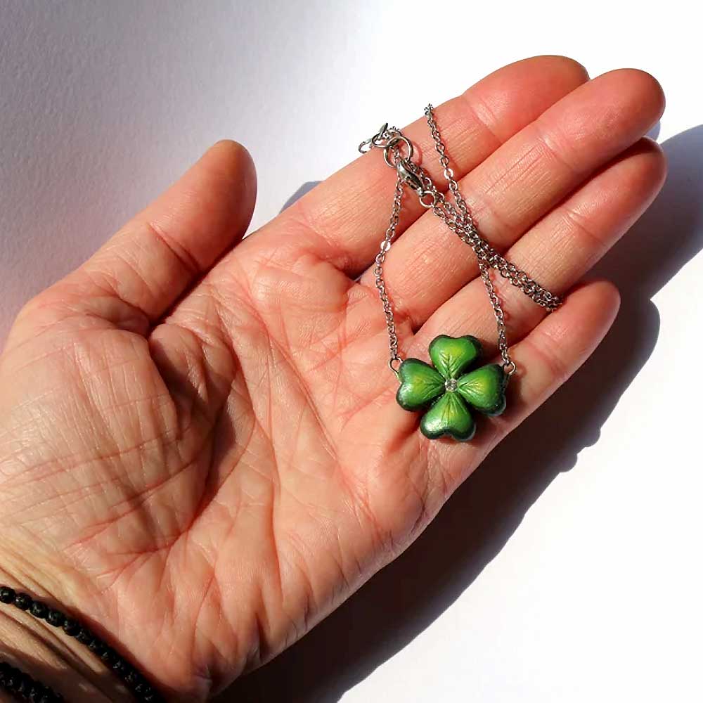 Defender of Happiness: Clover Shamrock Necklace  Polymer Clay.