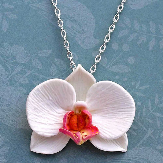 White Queen : Orchid Pendant Polymer Clay.