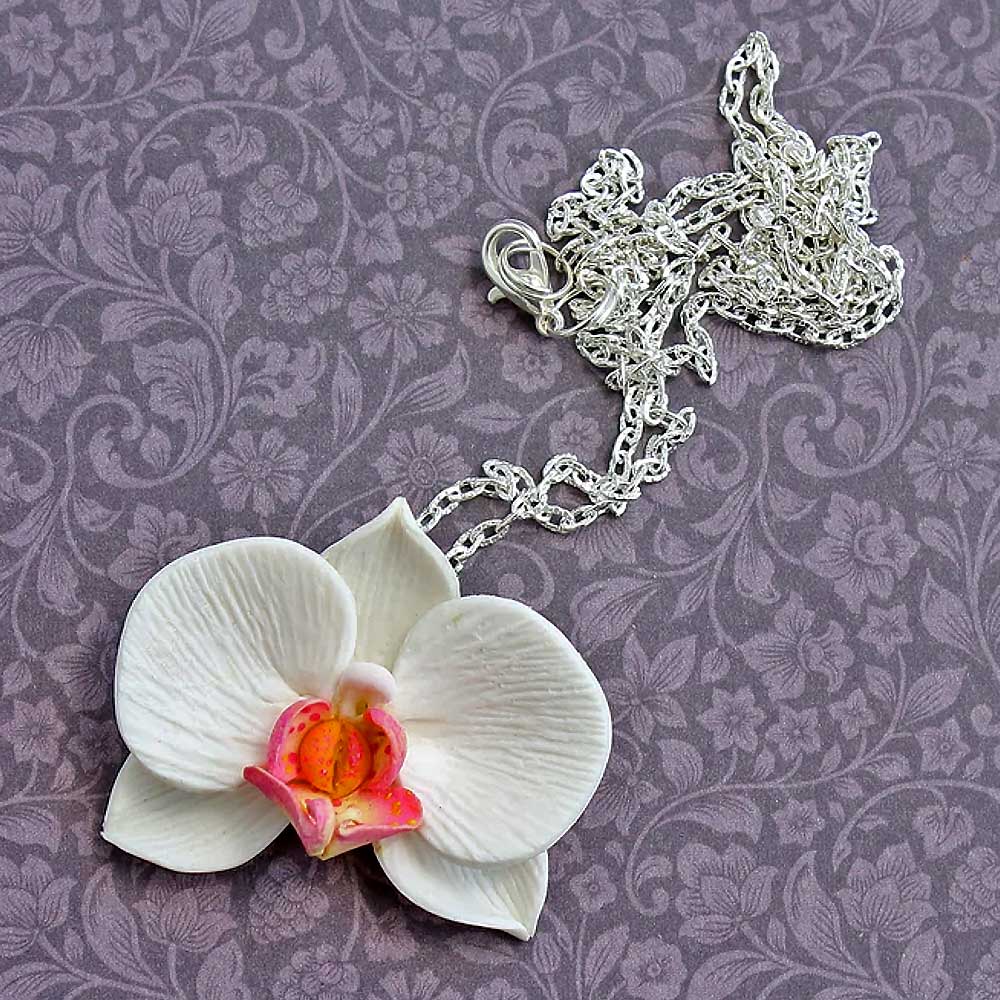 White Queen : Orchid Pendant Polymer Clay.