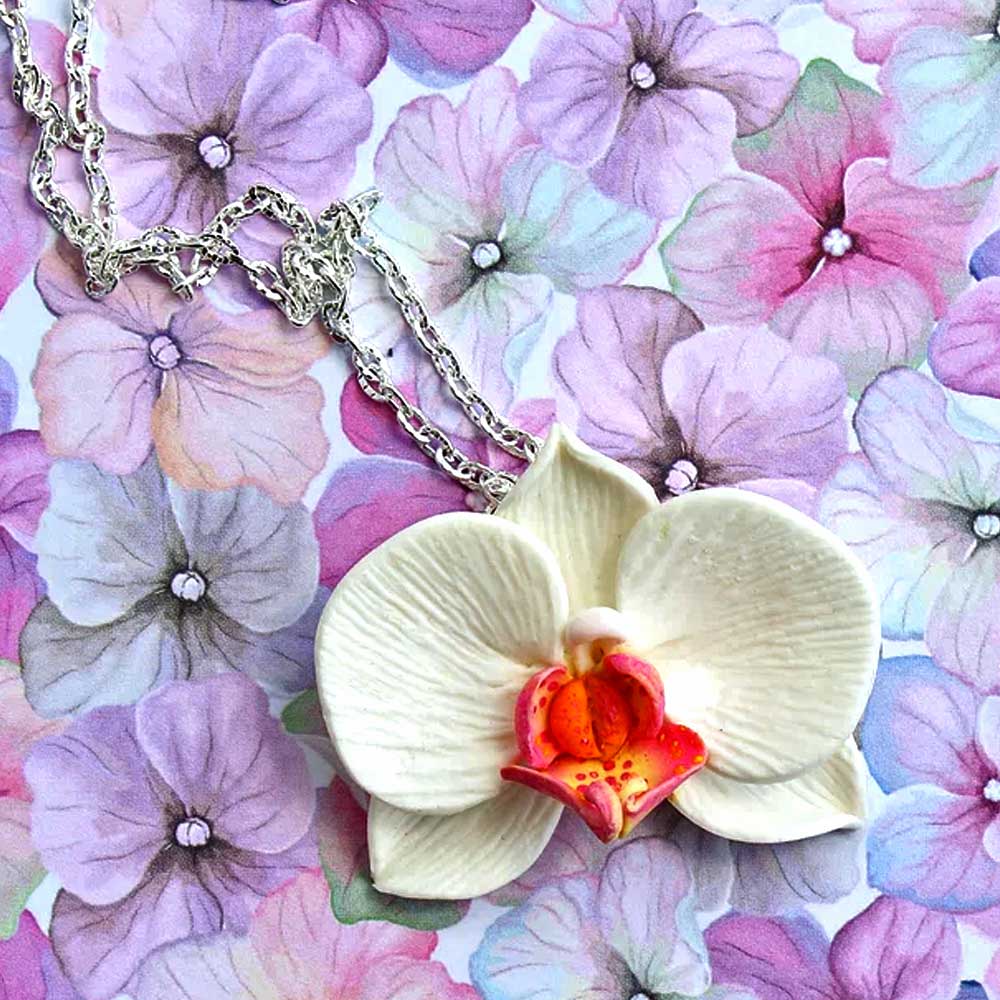 White Queen : Orchid Pendant Polymer Clay.