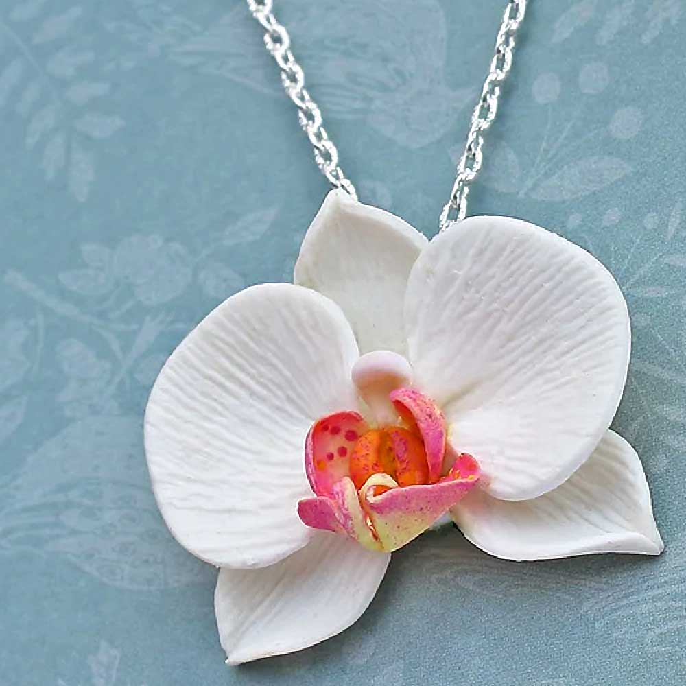 White Queen : Orchid Pendant Polymer Clay.