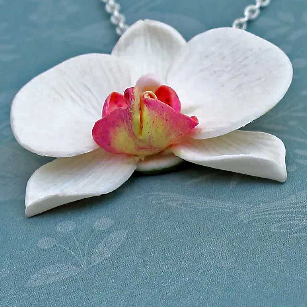 White Queen : Orchid Pendant Polymer Clay.