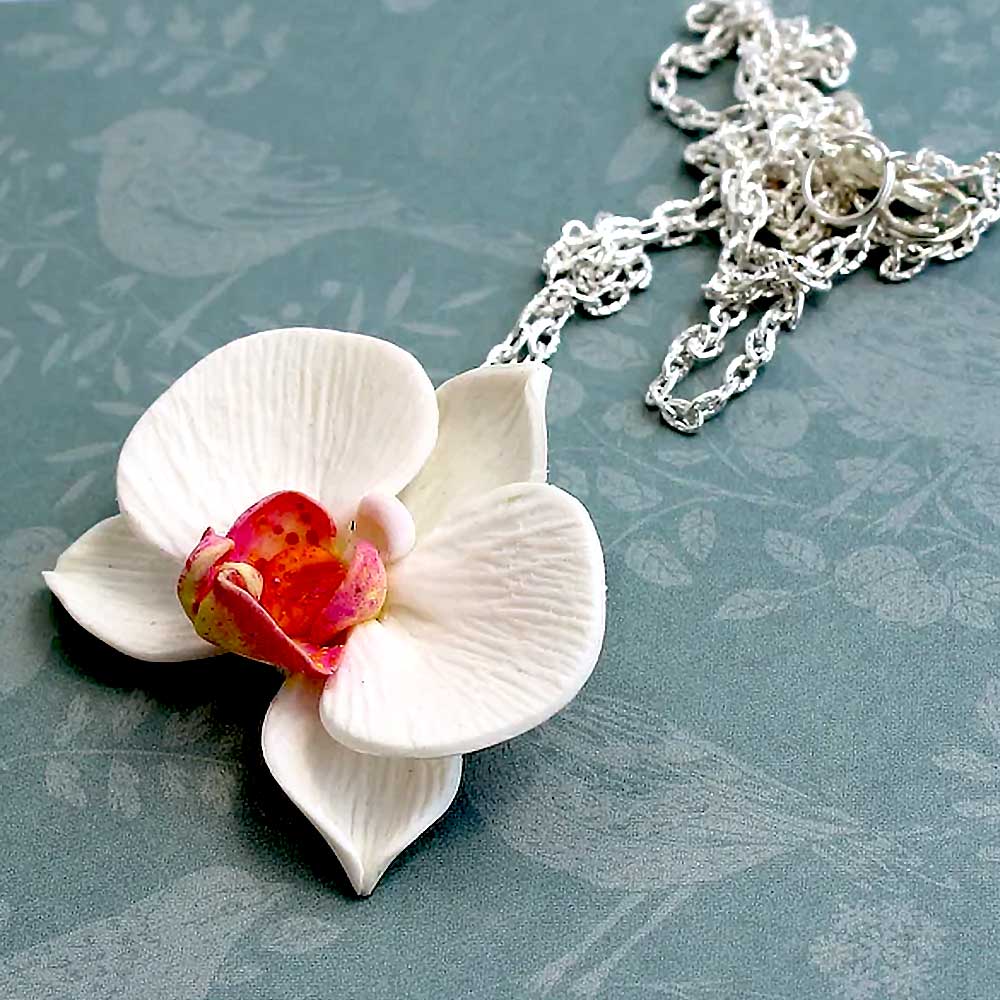 White Queen : Orchid Pendant Polymer Clay.