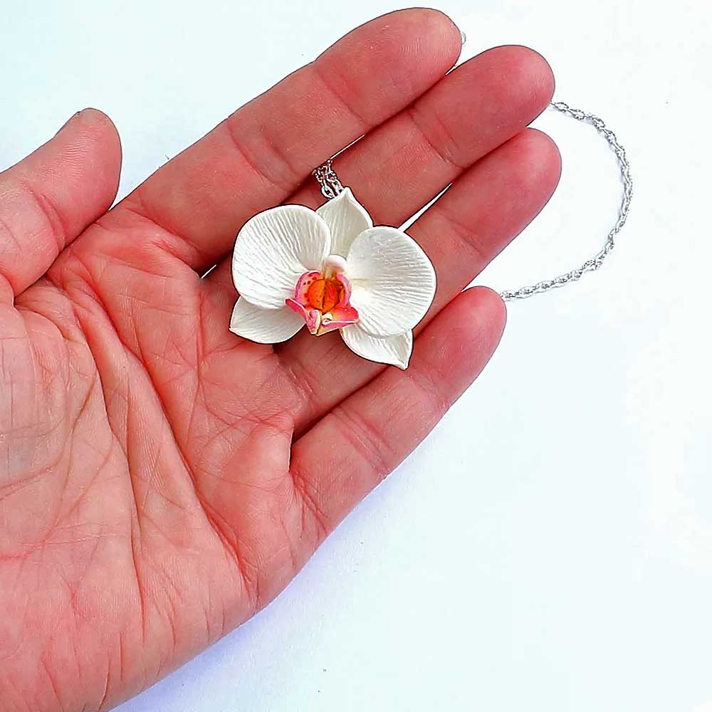 White Queen : Orchid Pendant Polymer Clay.