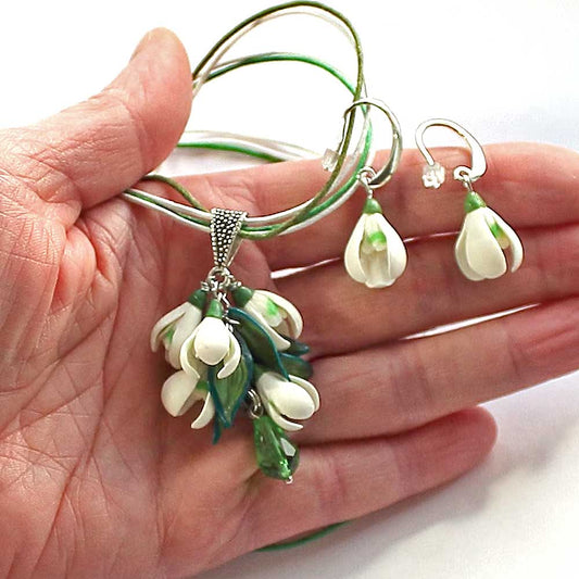 Spring's Embrace: Snowdrop Earrings & Pendant Polymer Clay.