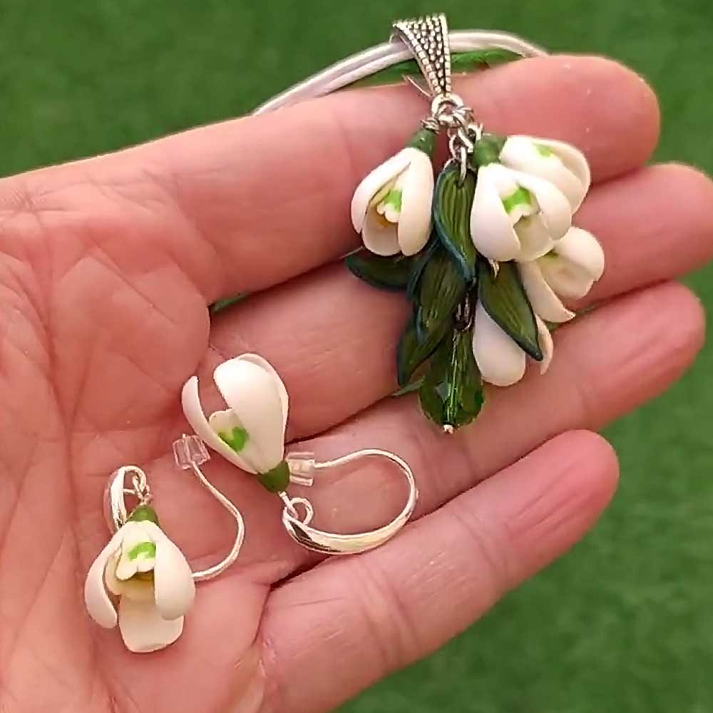 Spring's Embrace: Snowdrop Earrings & Pendant Polymer Clay.