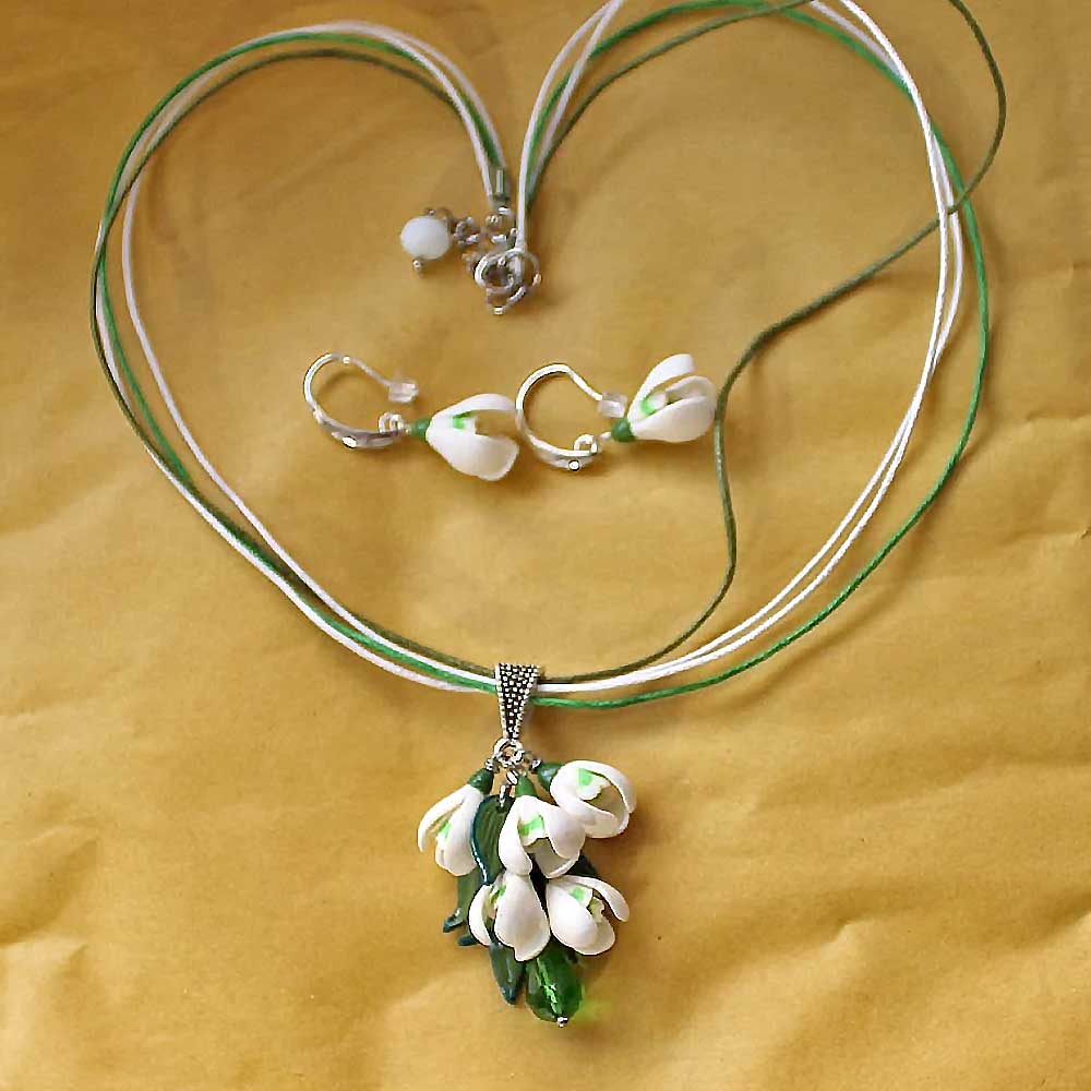 Spring's Embrace: Snowdrop Earrings & Pendant Polymer Clay.