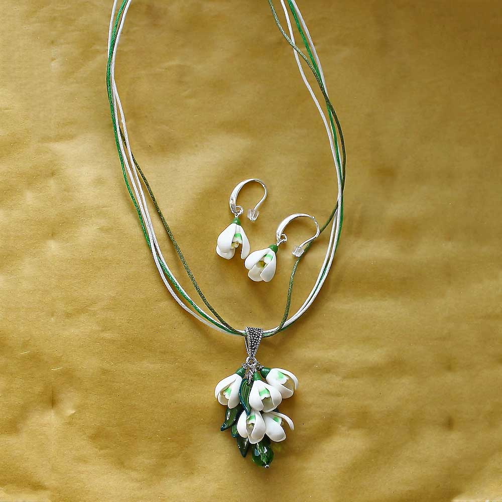 Spring's Embrace: Snowdrop Earrings & Pendant Polymer Clay.