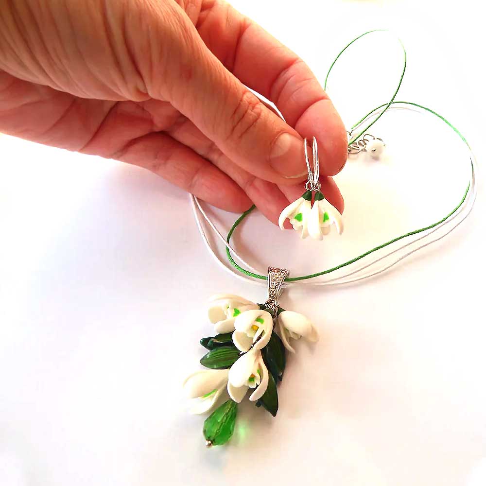 Spring's Embrace: Snowdrop Earrings & Pendant Polymer Clay.