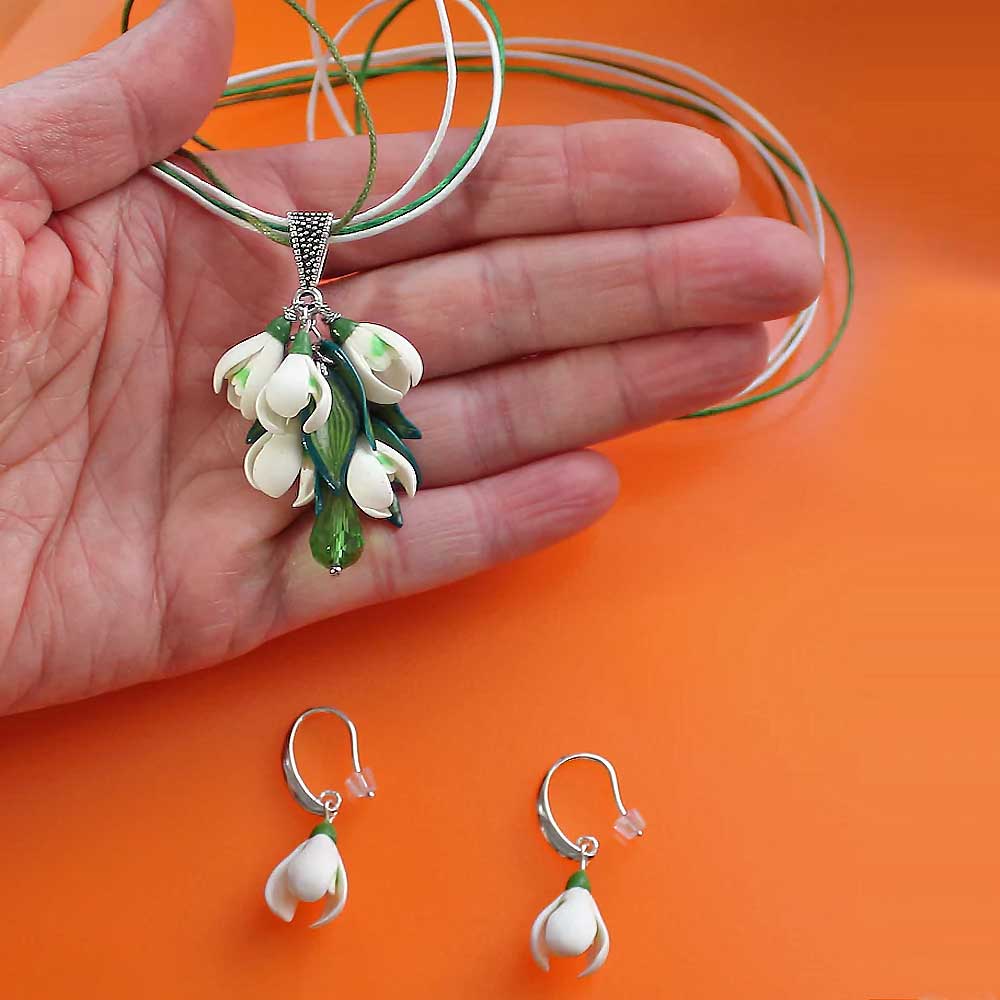 Spring's Embrace: Snowdrop Earrings & Pendant Polymer Clay.