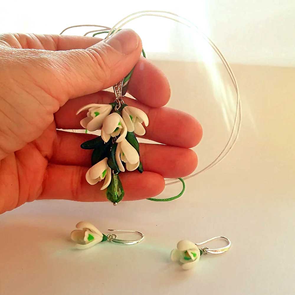 Spring's Embrace: Snowdrop Earrings & Pendant Polymer Clay.