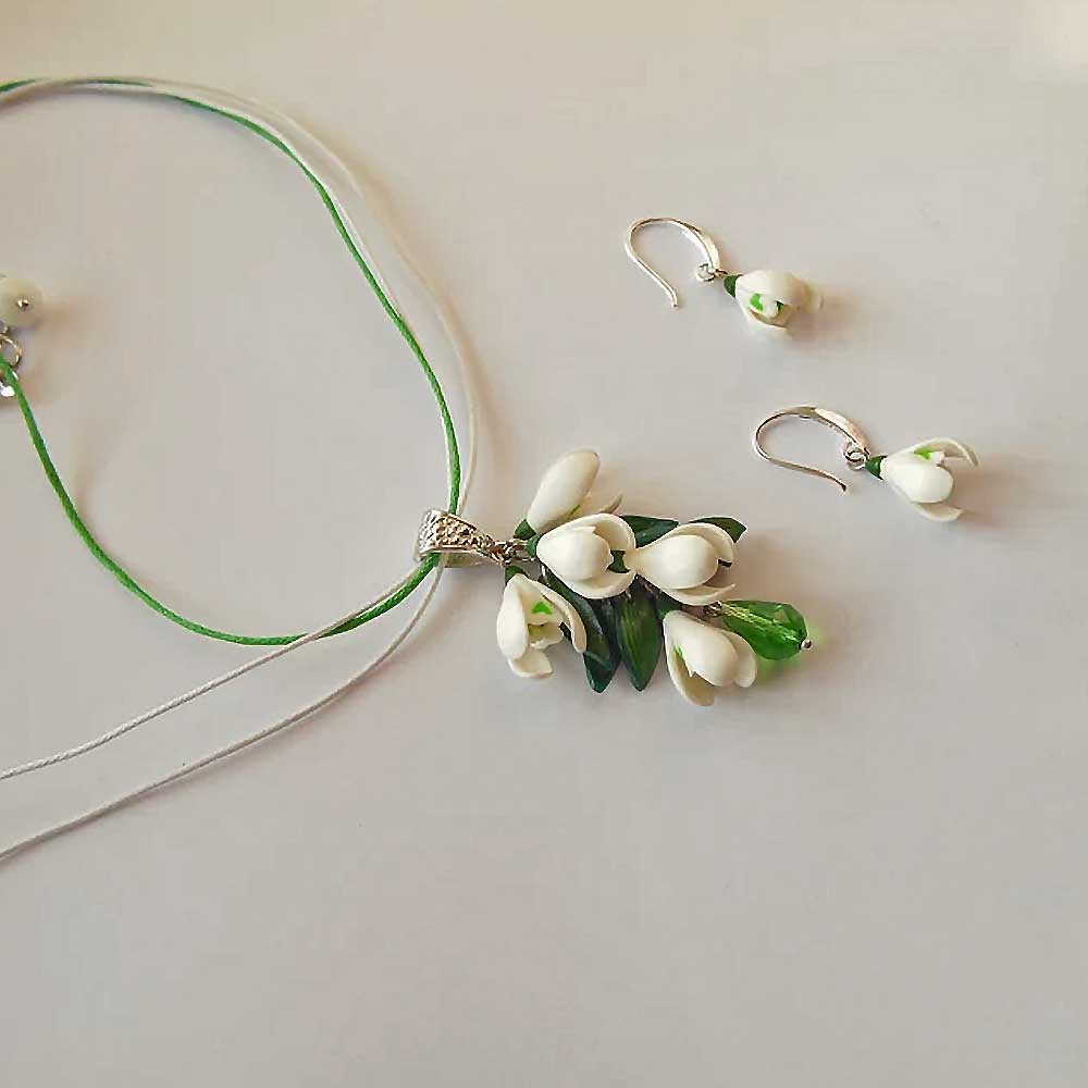 Spring's Embrace: Snowdrop Earrings & Pendant Polymer Clay.