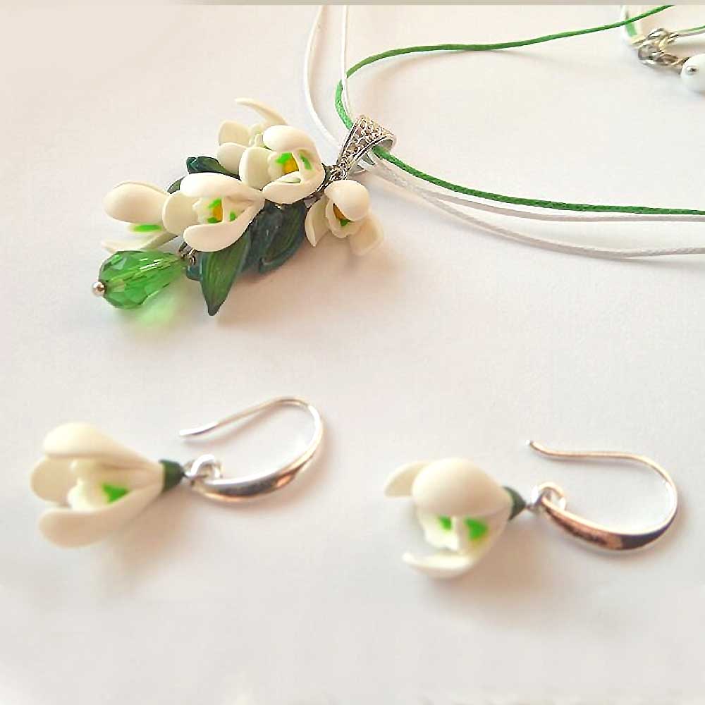 Spring's Embrace: Snowdrop Earrings & Pendant Polymer Clay.