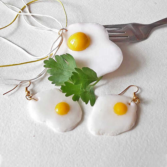 Culinary Miniature: Fried Eggs Earrings & Pendant Polymer Clay.