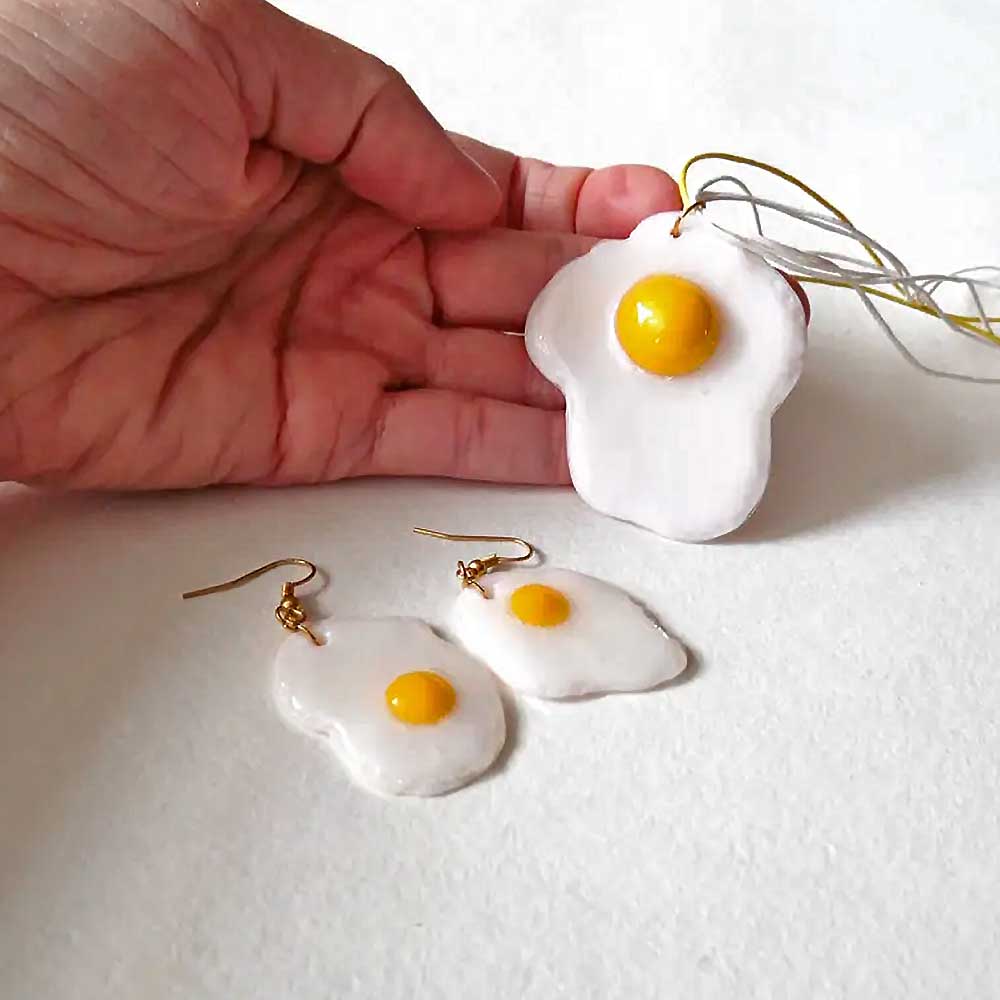 Culinary Miniature: Fried Eggs Earrings & Pendant Polymer Clay.