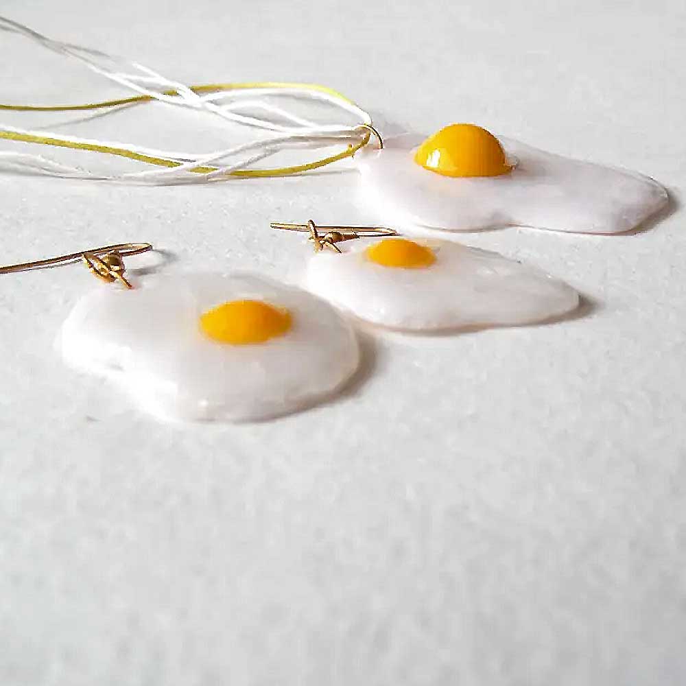 Culinary Miniature: Fried Eggs Earrings & Pendant Polymer Clay.