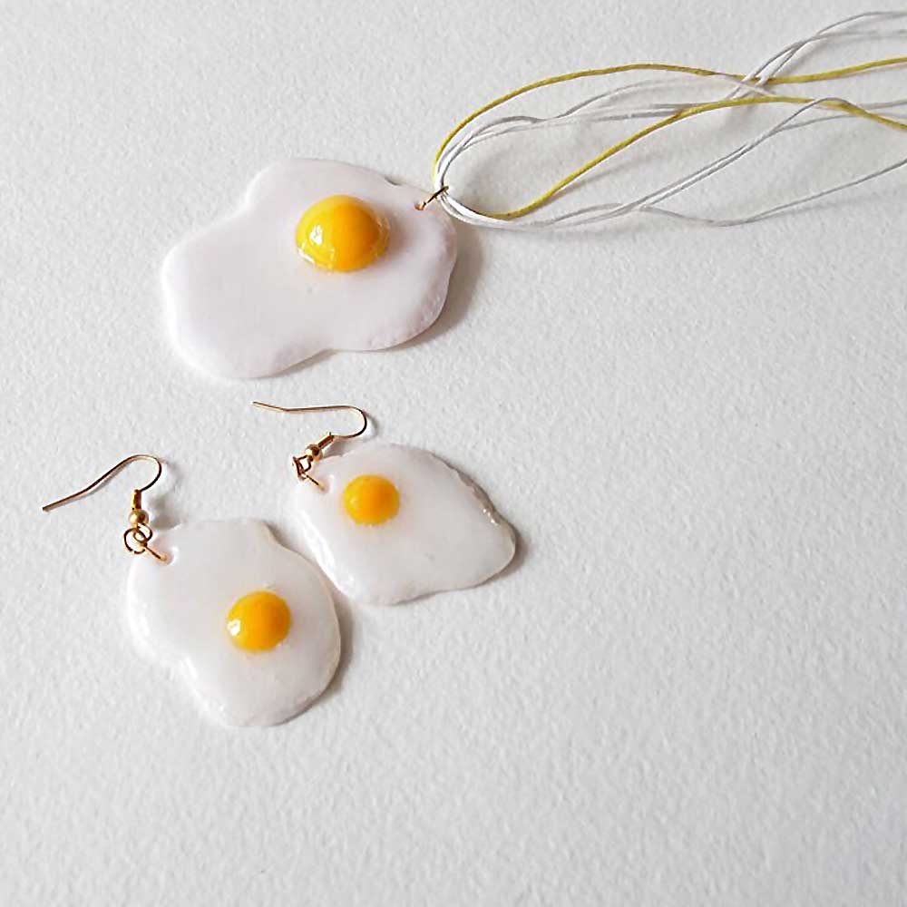 Culinary Miniature: Fried Eggs Earrings & Pendant Polymer Clay.