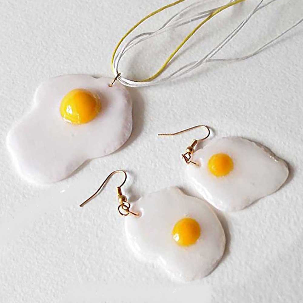 Culinary Miniature: Fried Eggs Earrings & Pendant Polymer Clay.