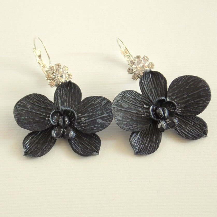 Mysterious Elegance: Black Orchid Earrings Polymer Clay.