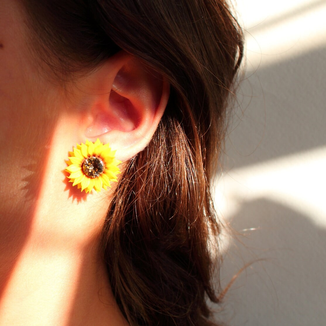 Sun's Embrace: Crystal Sunflower Earrings Polymer Clay.