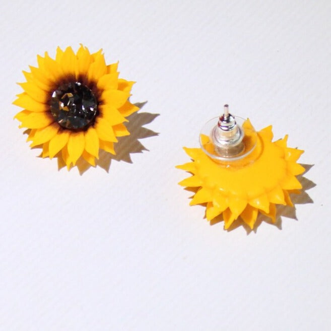 Sun's Embrace: Crystal Sunflower Earrings Polymer Clay.